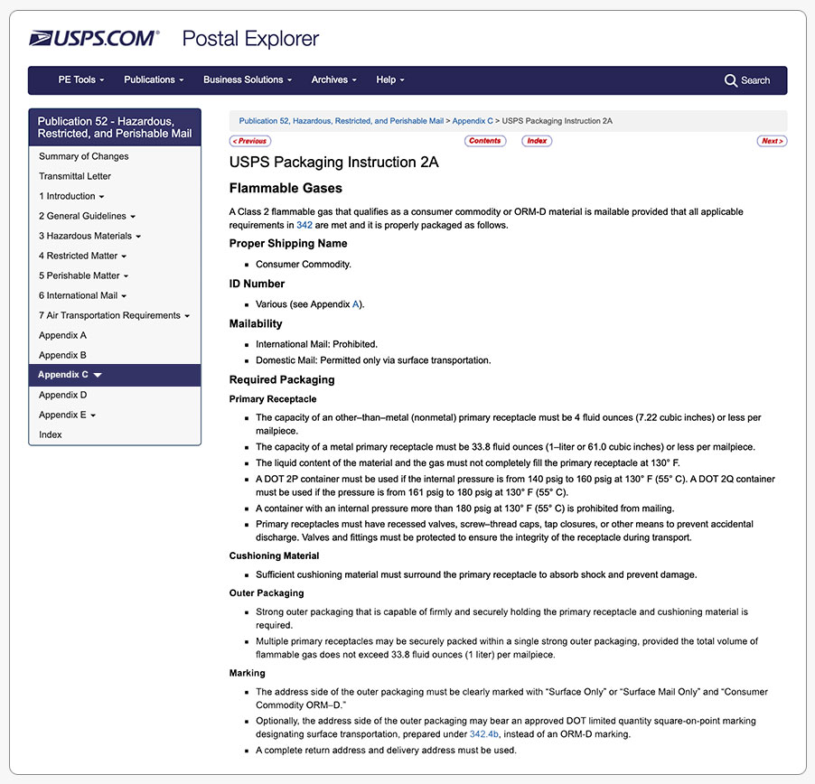 USPS packaging instruction 2A for flammable gases.