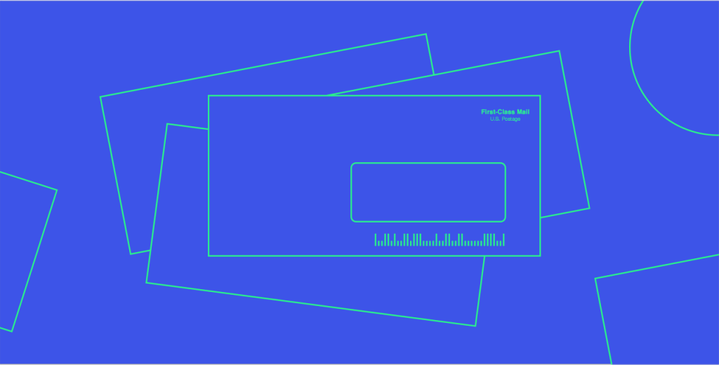 An illustration depicting first-class mail envelopes with U.S. postage.
