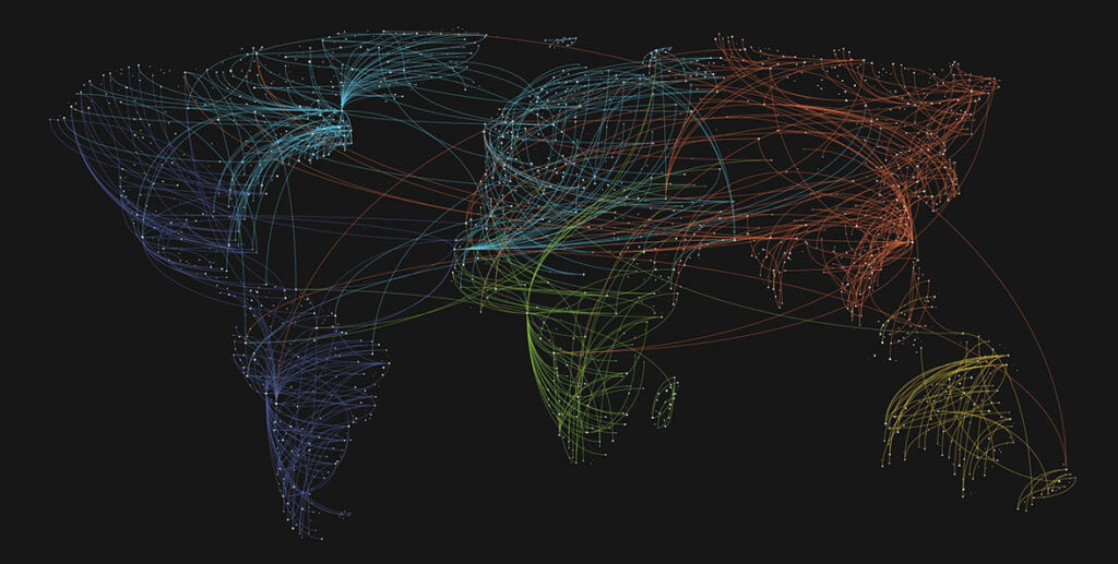 Illustration of a world map showing various shipment transportation routes.