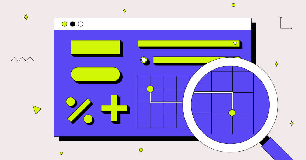 Abstract illustration of a digital window showing various functions, overlaid with a magnifying glass.